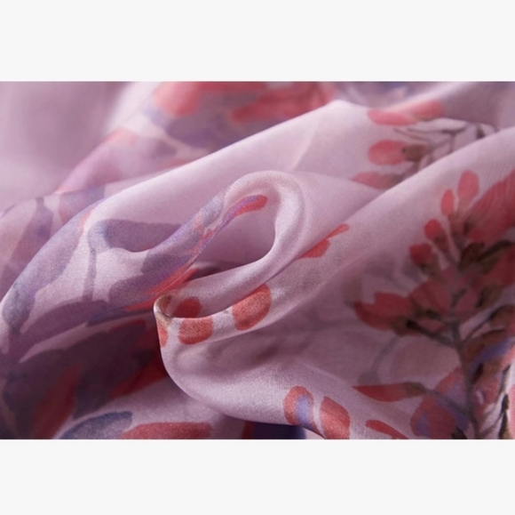 Feminine Fairycore Silk Floral and Butterfly Pastel Purple Whimsical Midi Dress - Picture 10 of 13